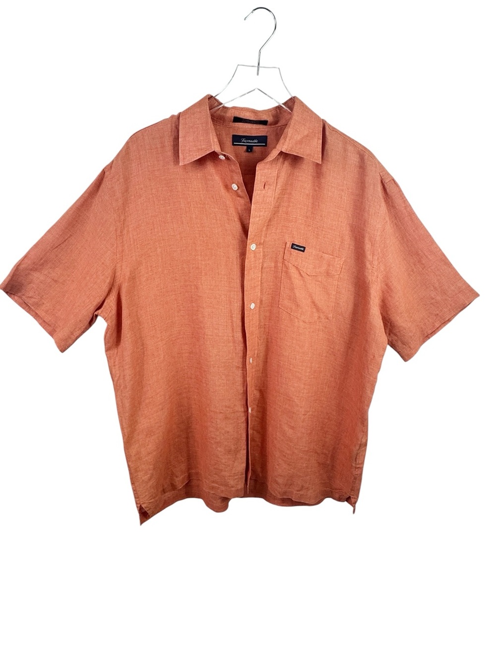 Faconnable Men's L 100% Linen Short Sleeve Button Up Shirt Orange